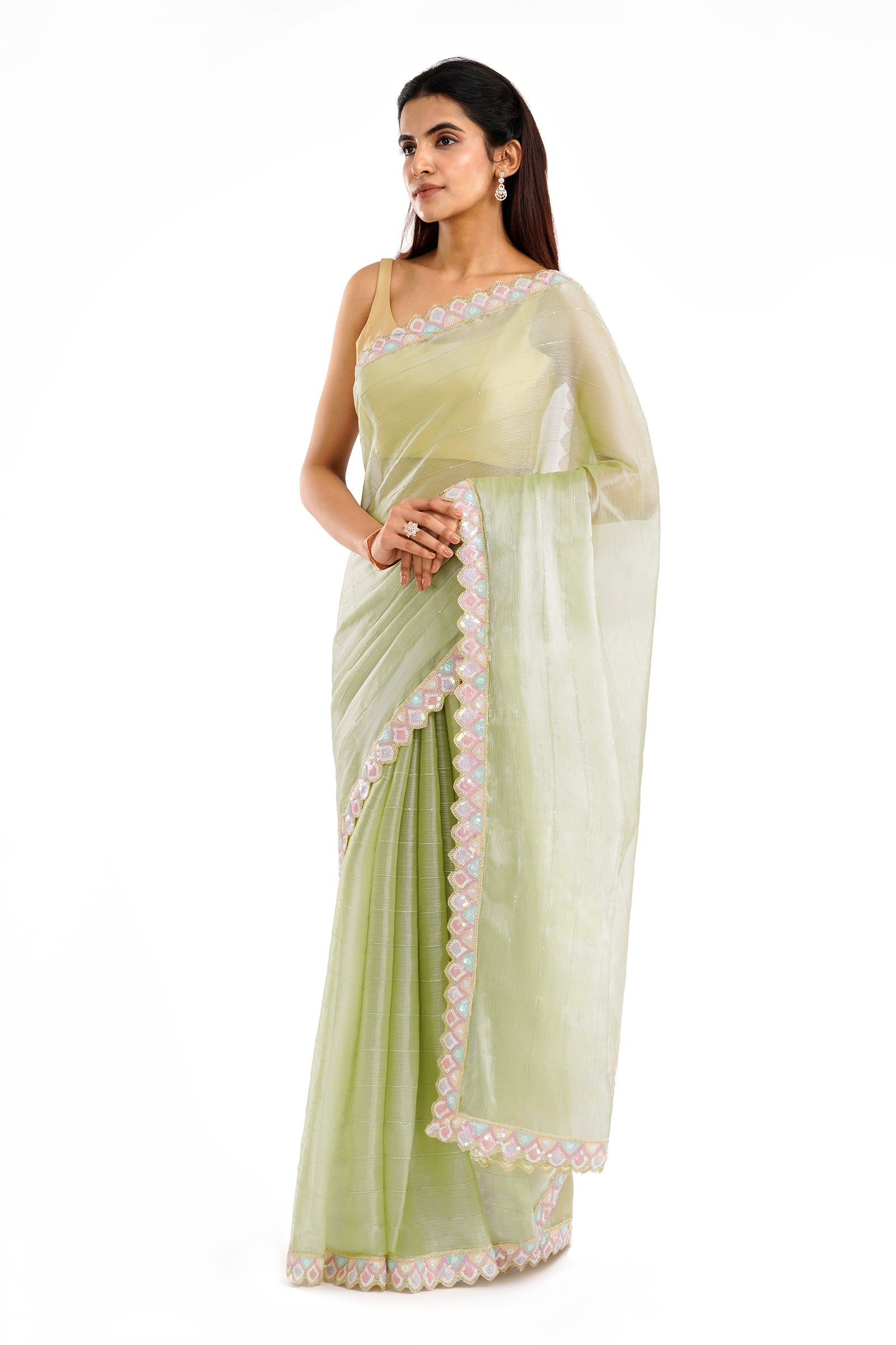 Teejh Rangeen Green Shimmer Tissue Saree