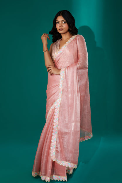 Teejh Rangeen Pink Shimmer Tissue Saree