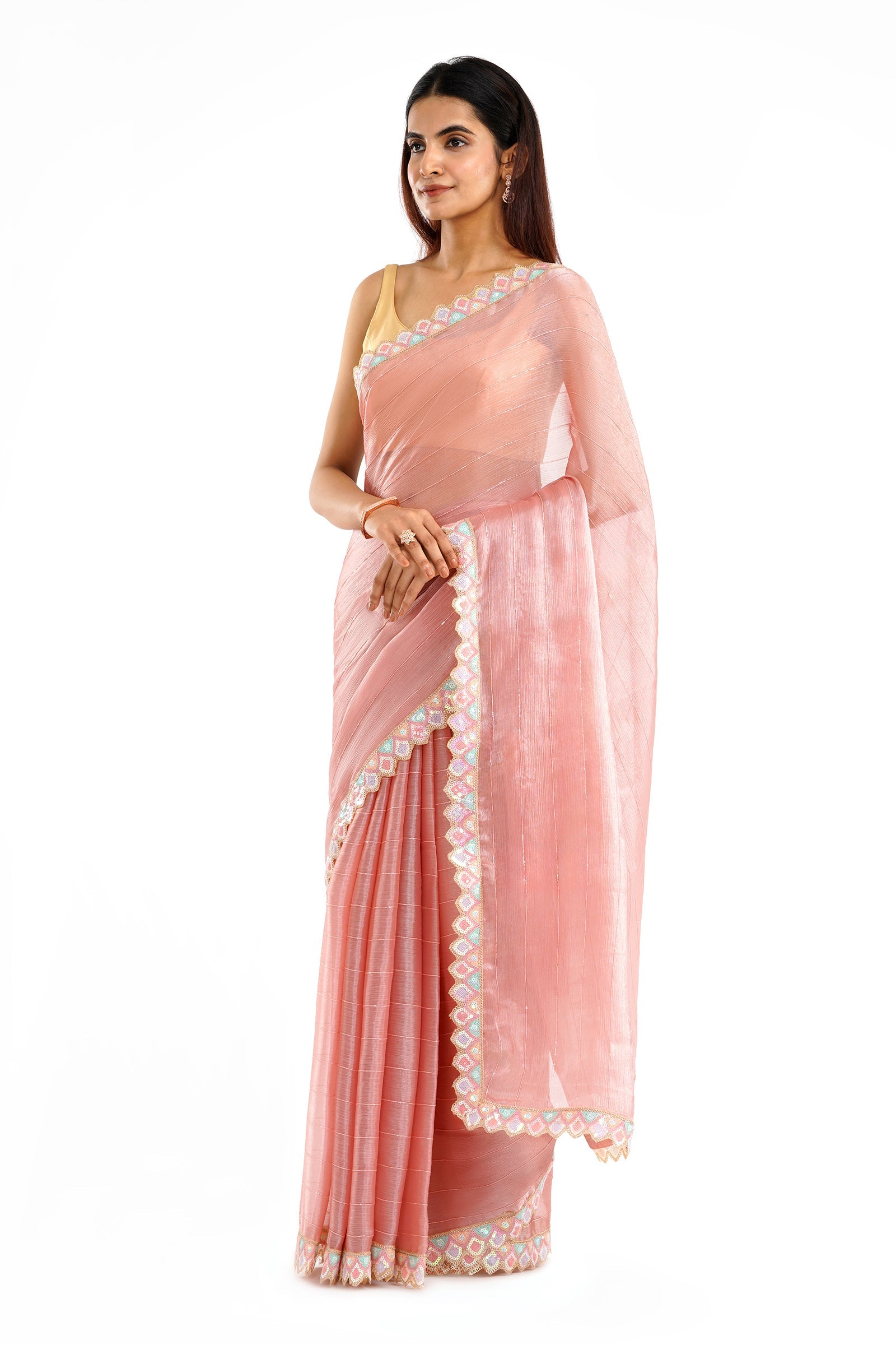 Teejh Rangeen Pink Shimmer Tissue Saree