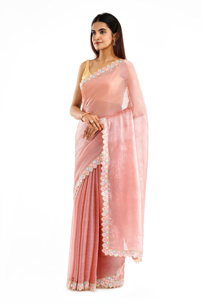 Teejh Rangeen Pink Shimmer Tissue Saree