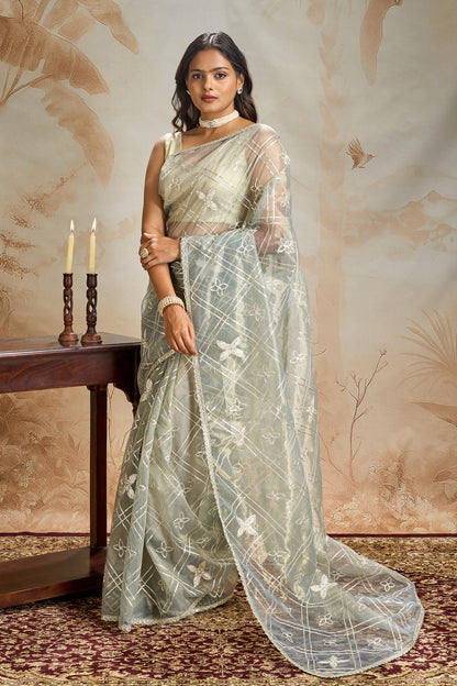 Teejh Tarangi sage Green Net Gota Saree