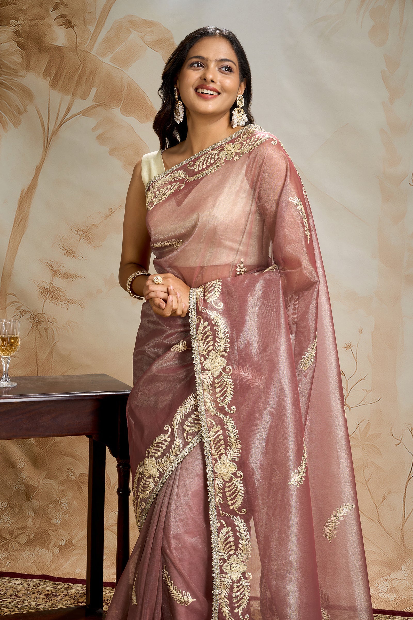 Teejh Raunaq Taupe Net Gota Saree