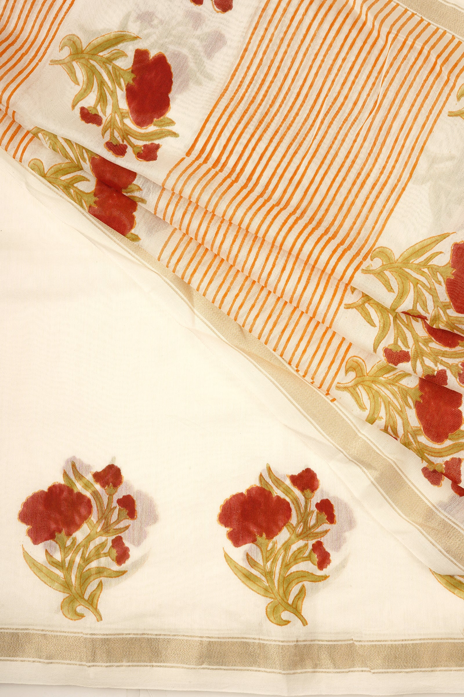 Teejh Ojaswini Red and Green Block Print Chanderi Silk Saree