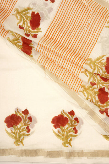 Teejh Ojaswini Red and Green Block Print Chanderi Silk Saree