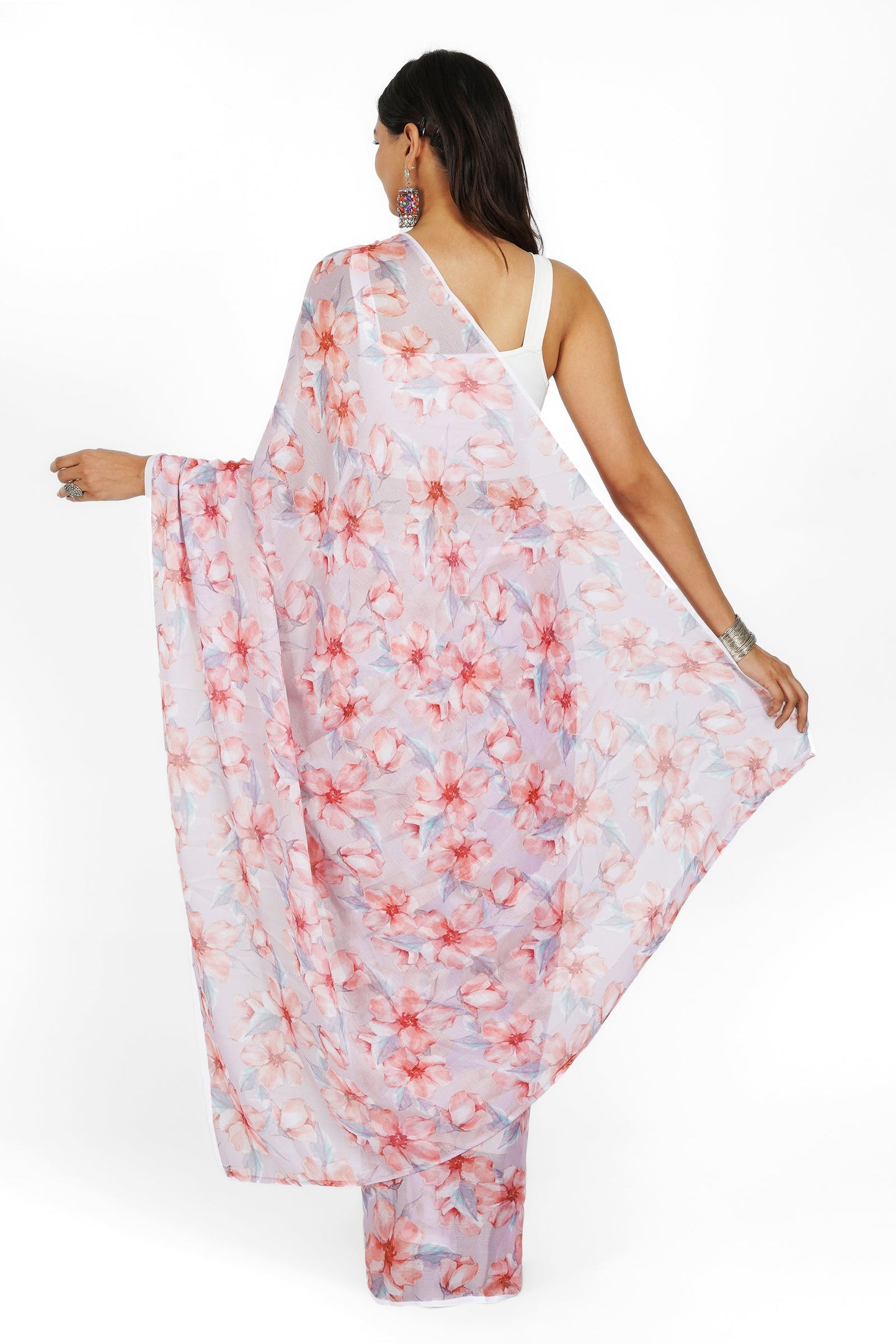 Teejh Grey Blossom  Digital Print Chiffon Saree
