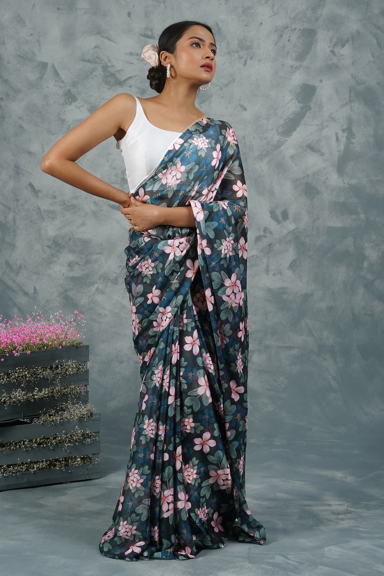 Teejh Noir Rose Digital Print Chiffon Saree