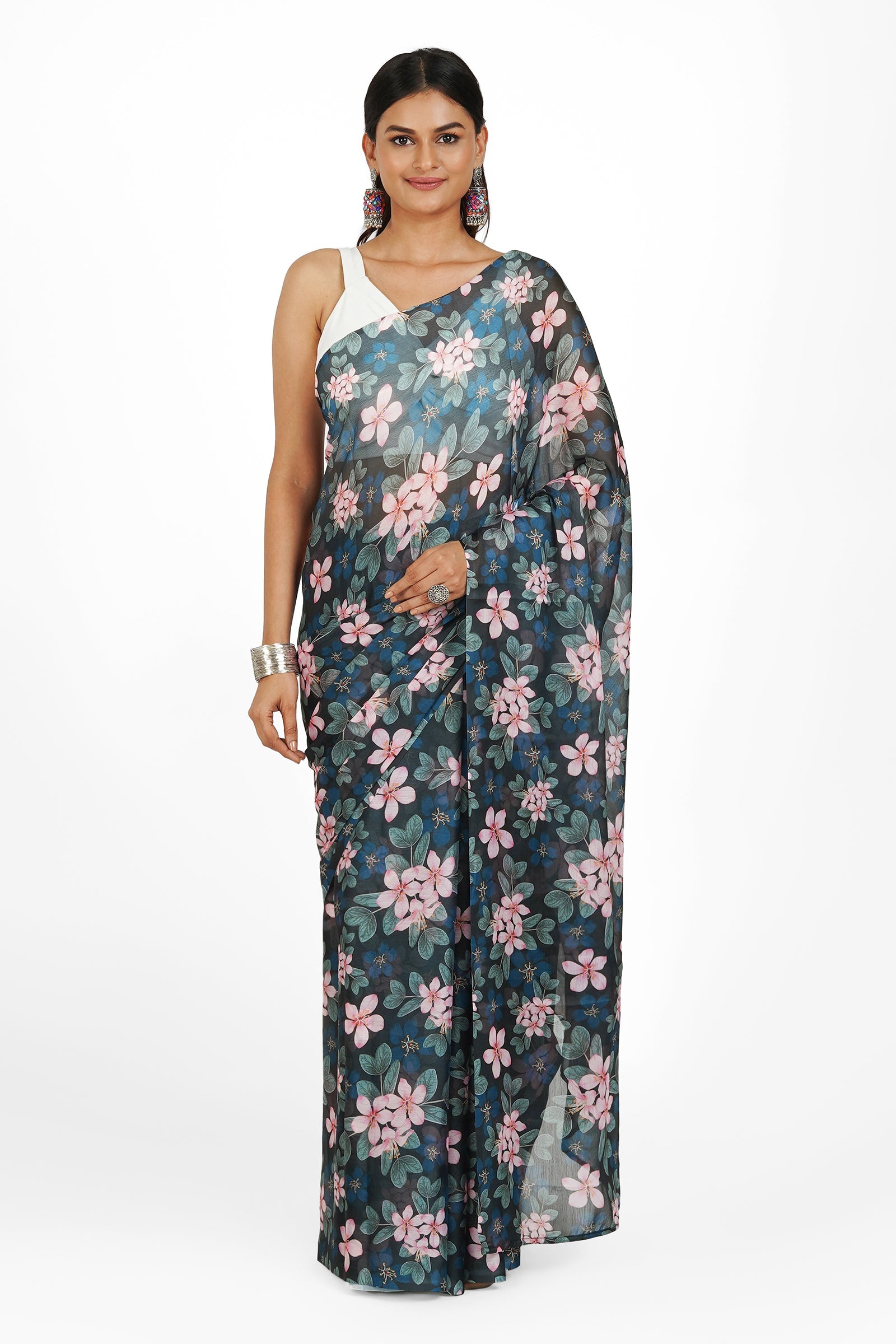 Teejh Noir Rose Digital Print Chiffon Saree