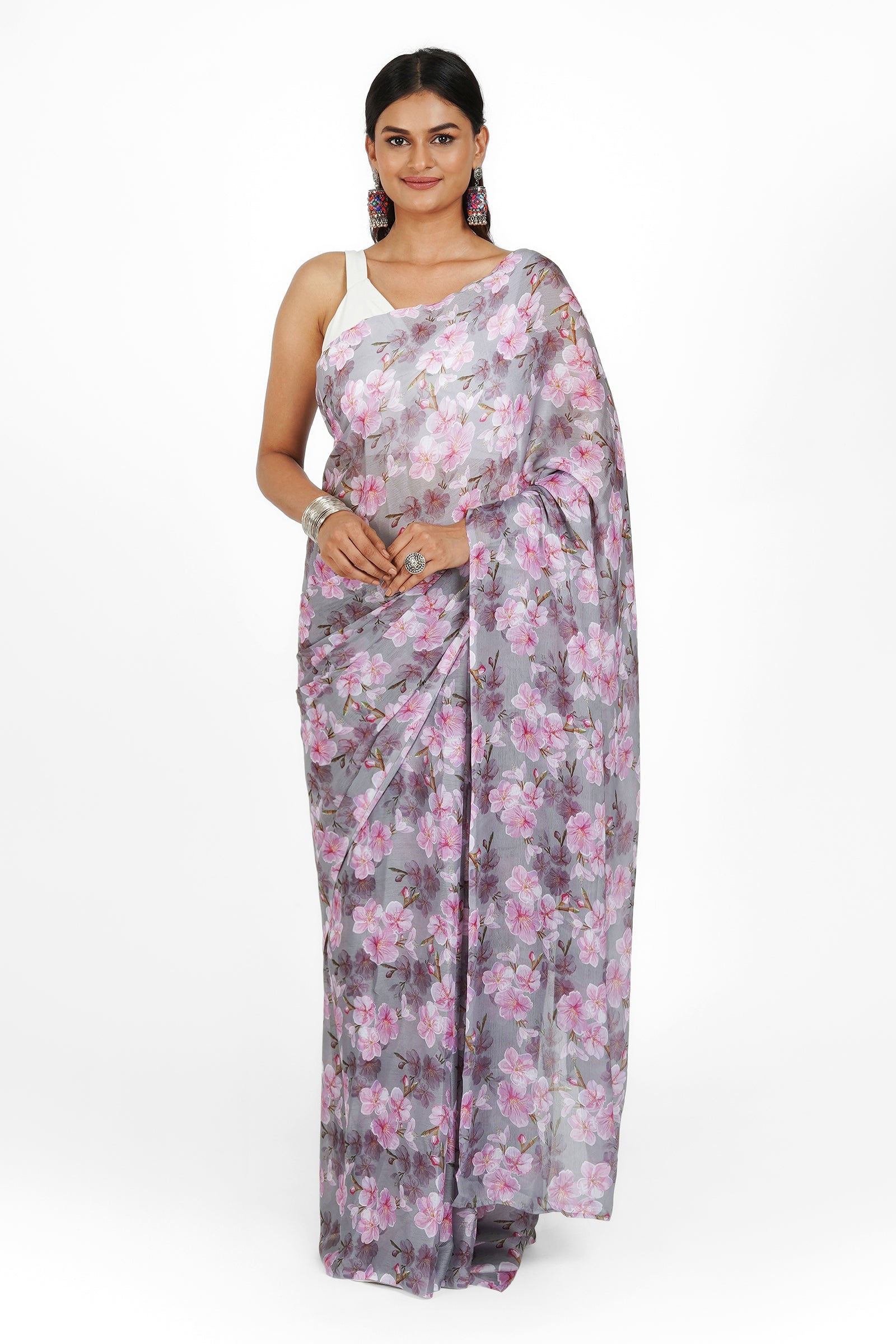 Teejh Blushing Slate  Digital Print Chiffon Saree