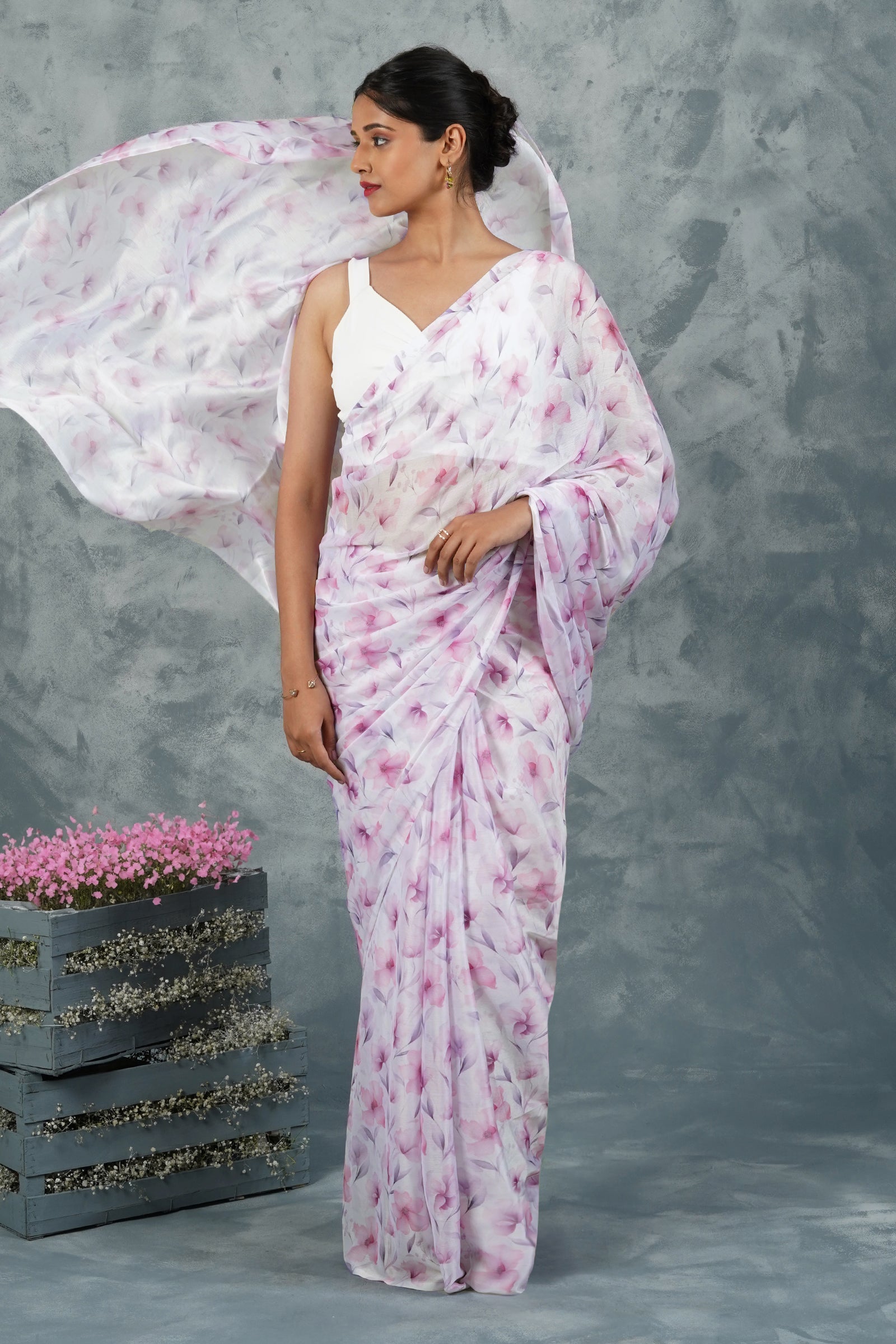 Teejh Pink Cascade Digital Print Chiffon Saree