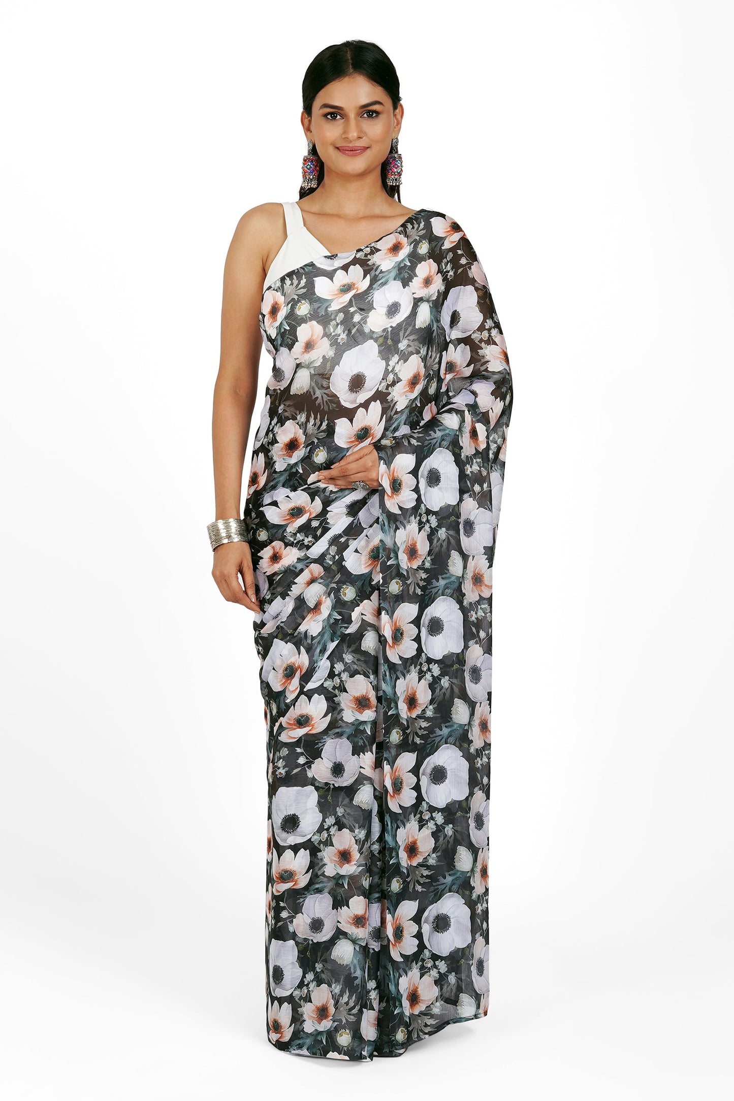 Teejh Midnight Garden Bloom Digital Print Chiffon Saree