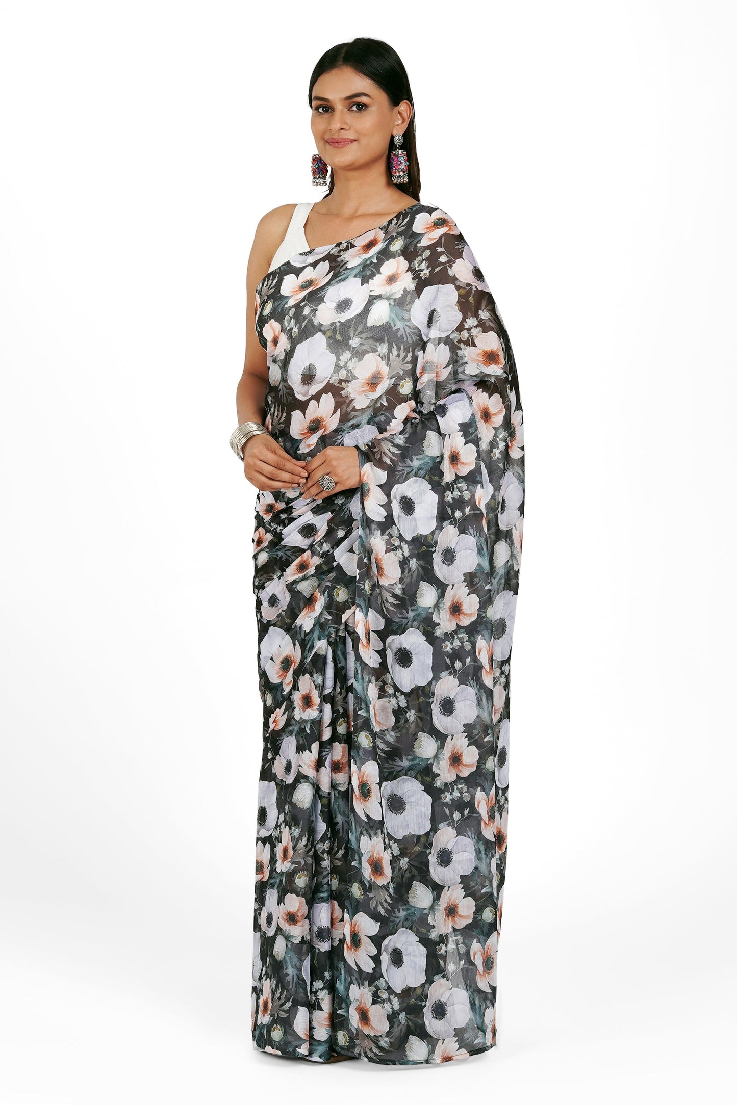 Teejh Midnight Garden Bloom Digital Print Chiffon Saree