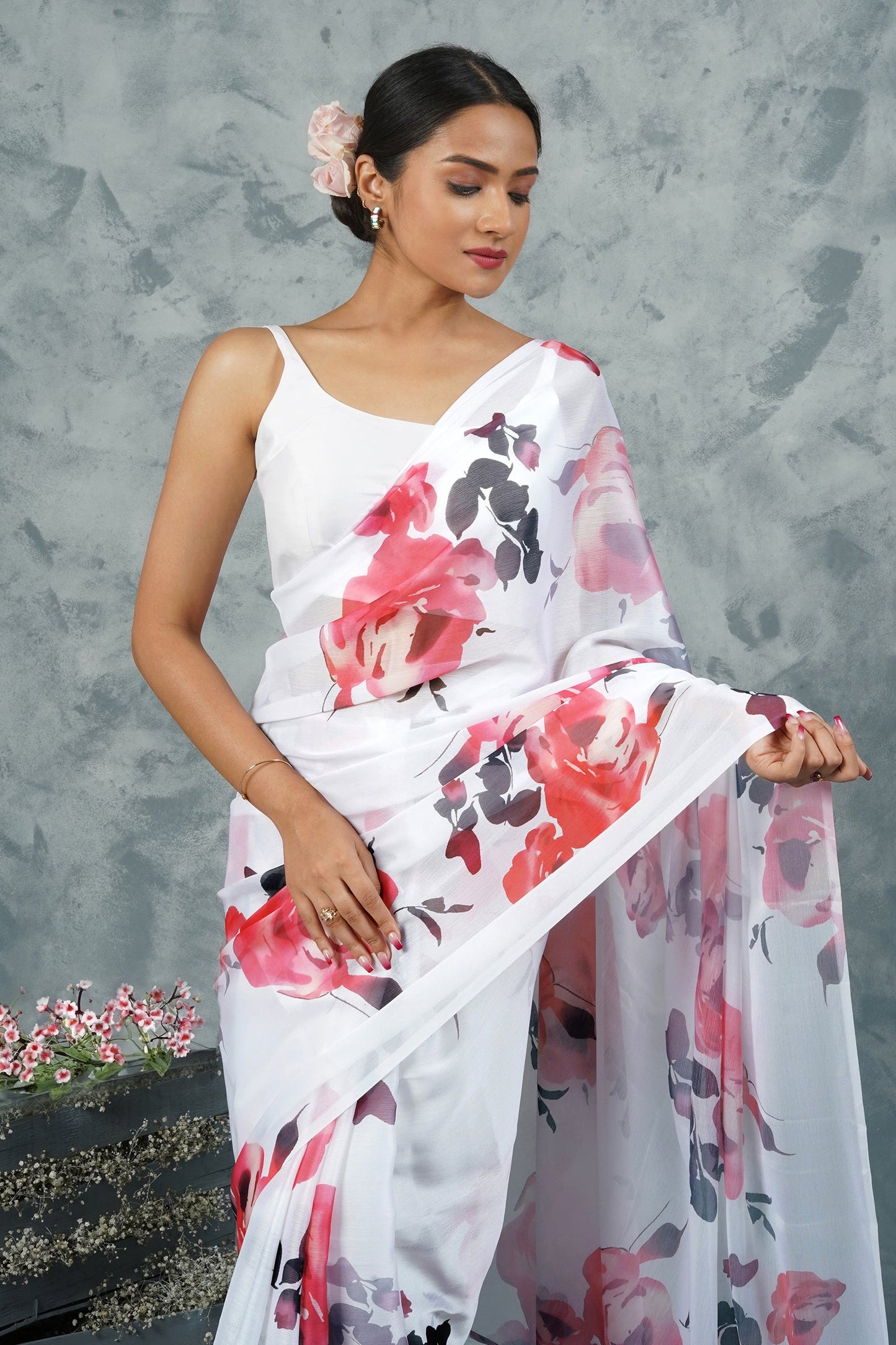 Teejh  Ivory Rouge Digital Print Chiffon Saree