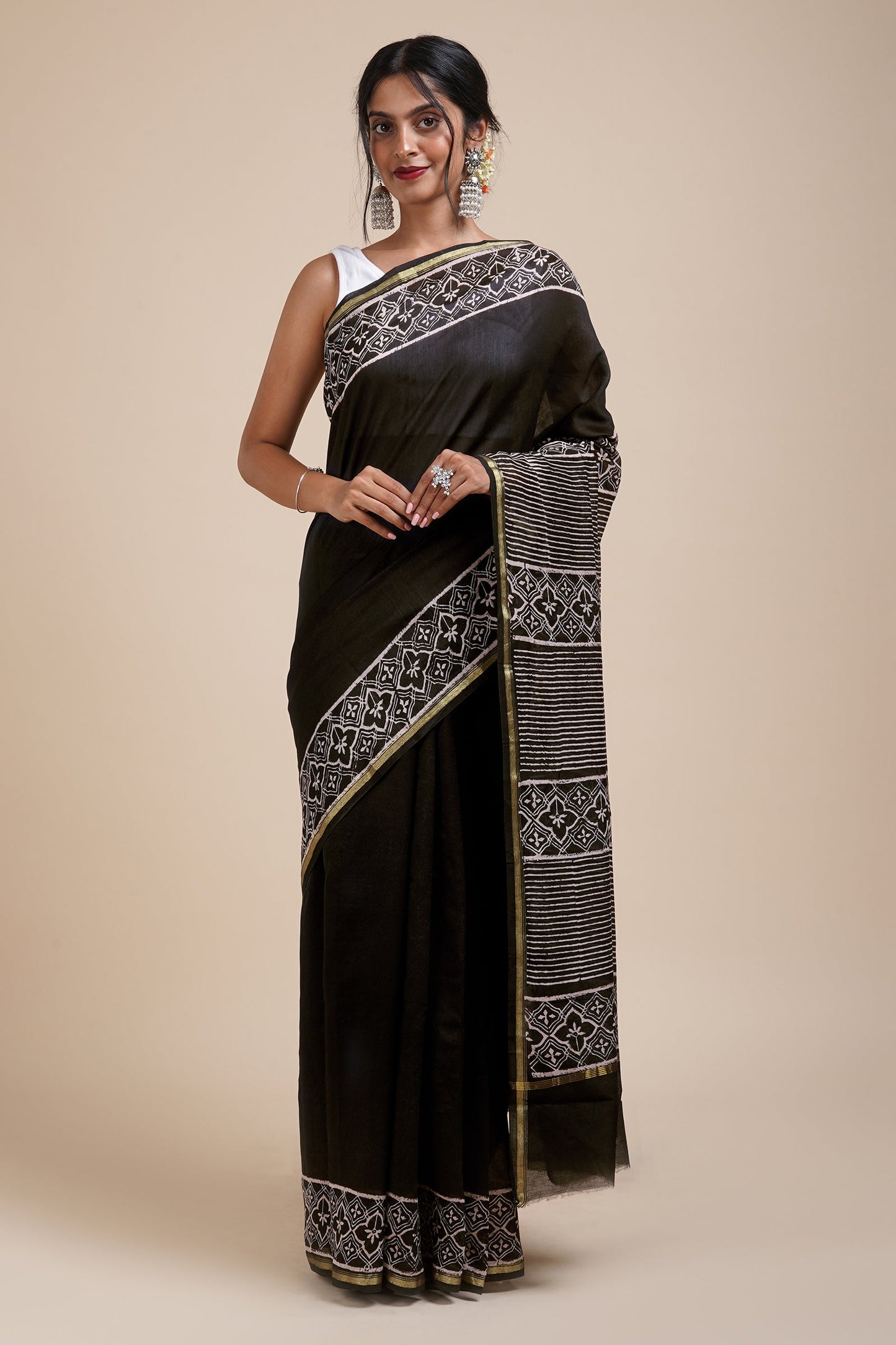 Teejh Into the Night Black Block Print Chanderi Silk Saree