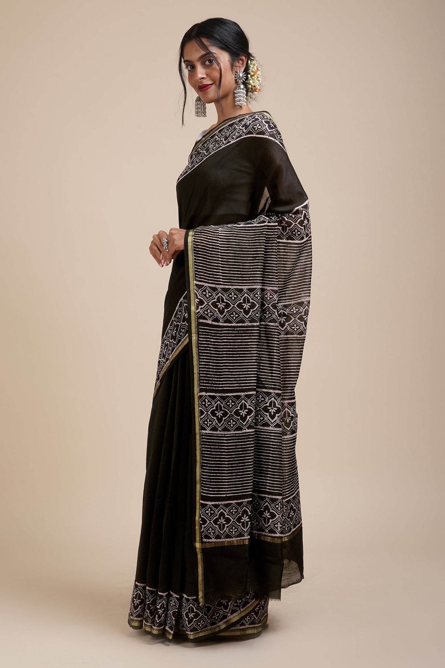 Teejh Into the Night Black Block Print Chanderi Silk Saree