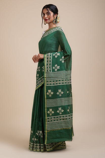 Teejh Green Chilli Bottle Green Block Print Chanderi Silk Saree