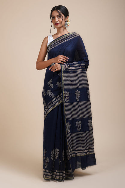 Teejh Dhalti Sham Navy Blue Block Print Chanderi Silk Saree