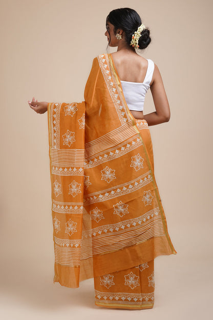 Teejh Sunkissed Mustard Block Print Chanderi Silk Saree