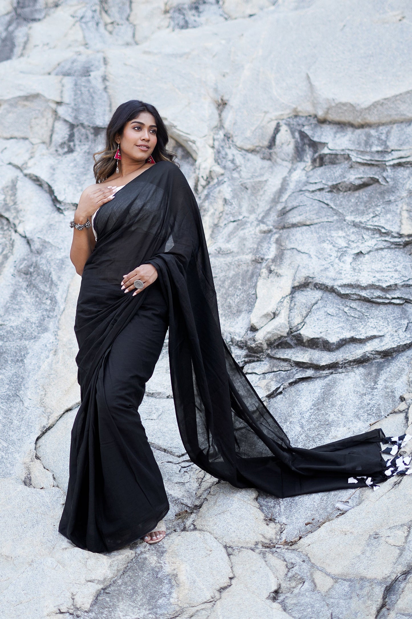 Teejh Yin Yang Black and White Mulmul Saree