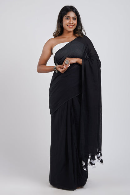 Teejh Yin Yang Black and White Mulmul Saree