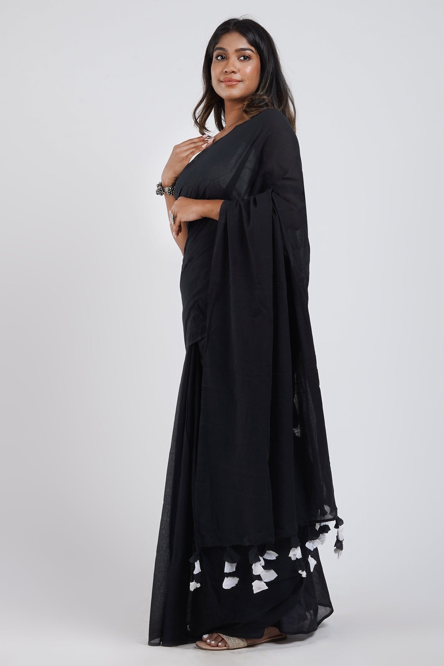 Teejh Yin Yang Black and White Mulmul Saree