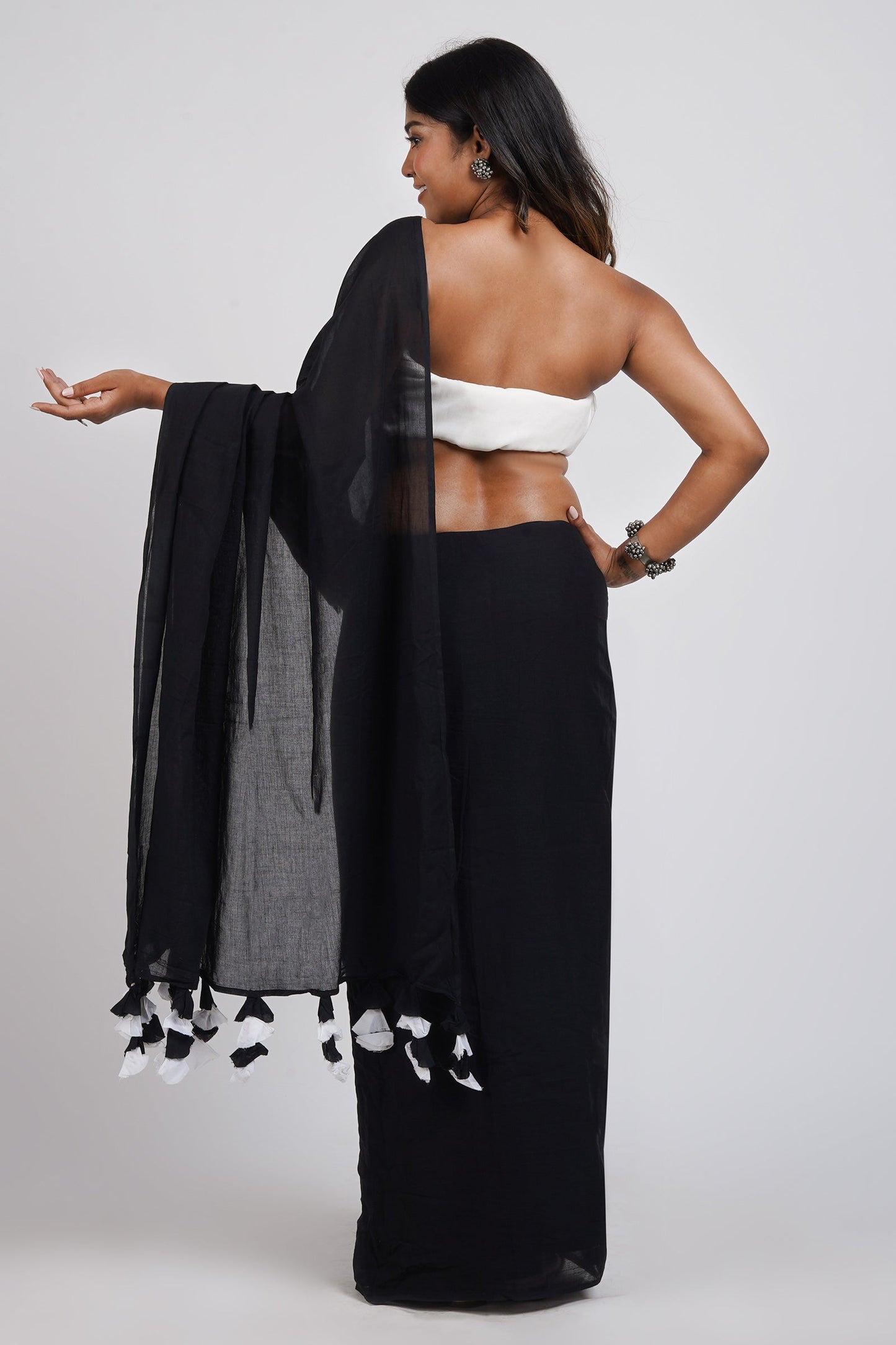 Teejh Yin Yang Black and White Mulmul Saree