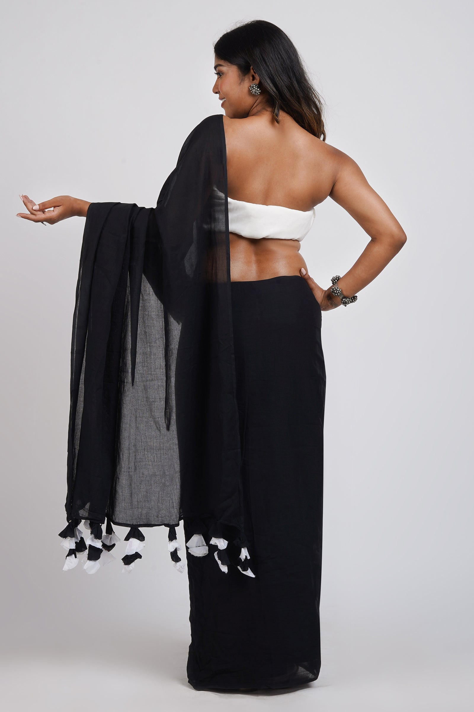 Teejh Yin Yang Black and White Mulmul Saree
