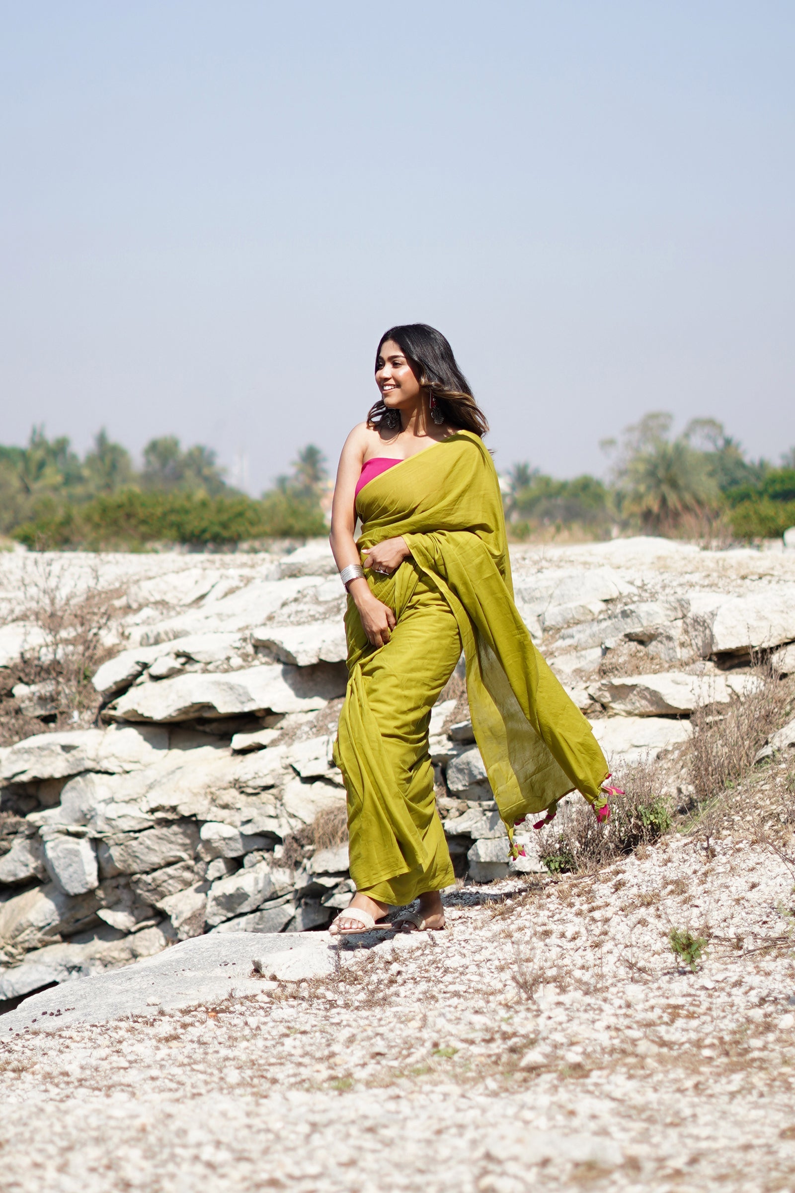 Teejh Lime and Berry Olive and Hot Pink Mulmul Saree