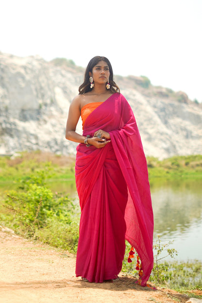 Teejh Sugar N' Spice Hot Pink and Orange Mulmul Saree