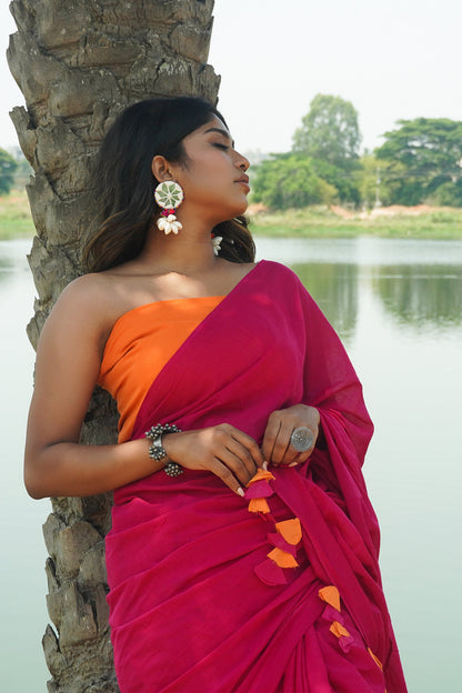Teejh Sugar N' Spice Hot Pink and Orange Mulmul Saree