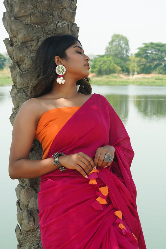 Teejh Sugar N' Spice Hot Pink and Orange Mulmul Saree