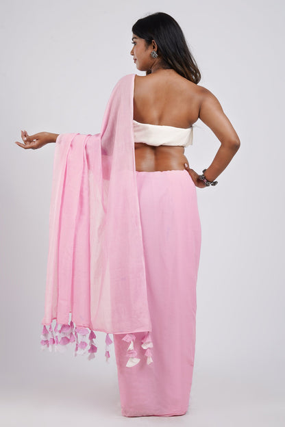 Teejh Teaberry Light Pink and White Mulmul Saree