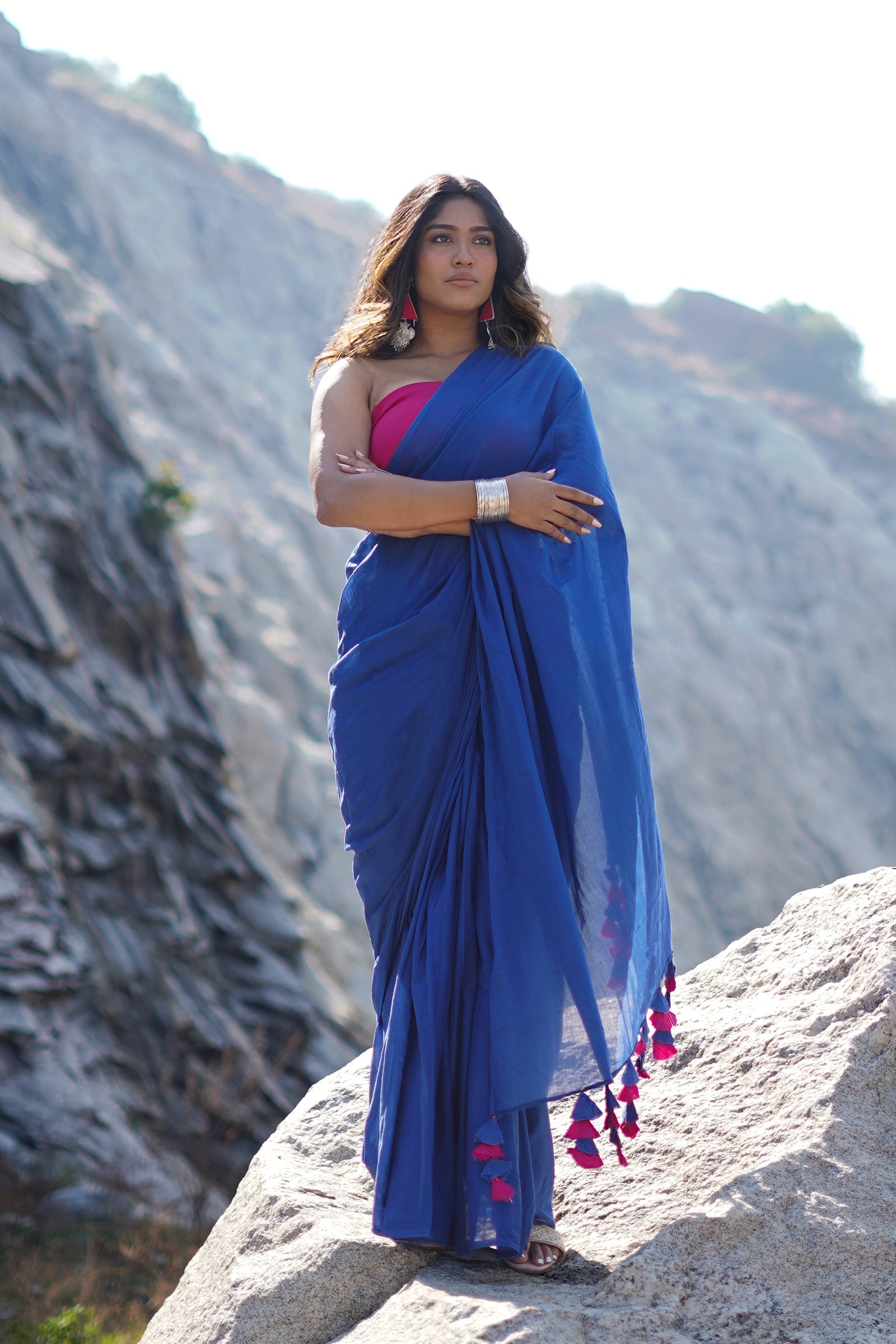 Teejh Very Berry Royal Blue and Hot Pink Mulmul Saree