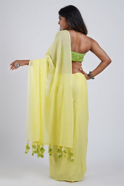 Teejh Lemon and Lime Light Yellow and Green Mulmul Saree