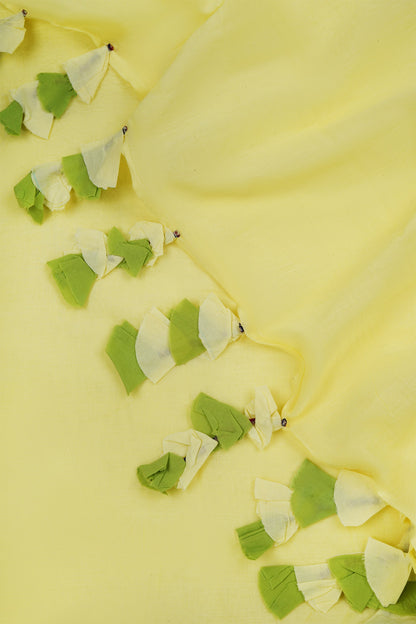 Teejh Lemon and Lime Light Yellow and Green Mulmul Saree