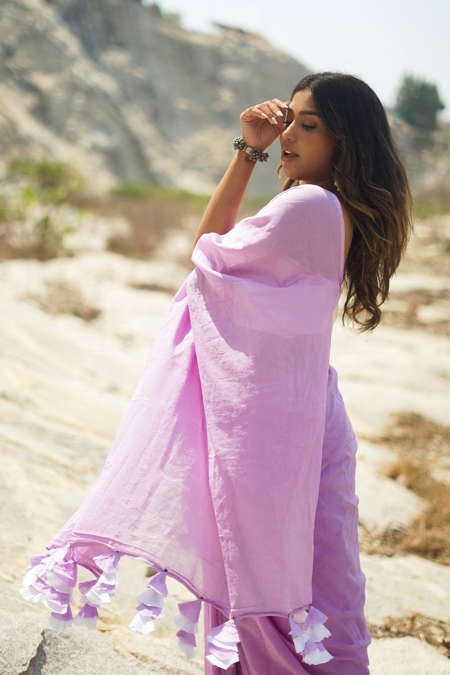 Teejh Peony Lilac and White Mulmul Saree