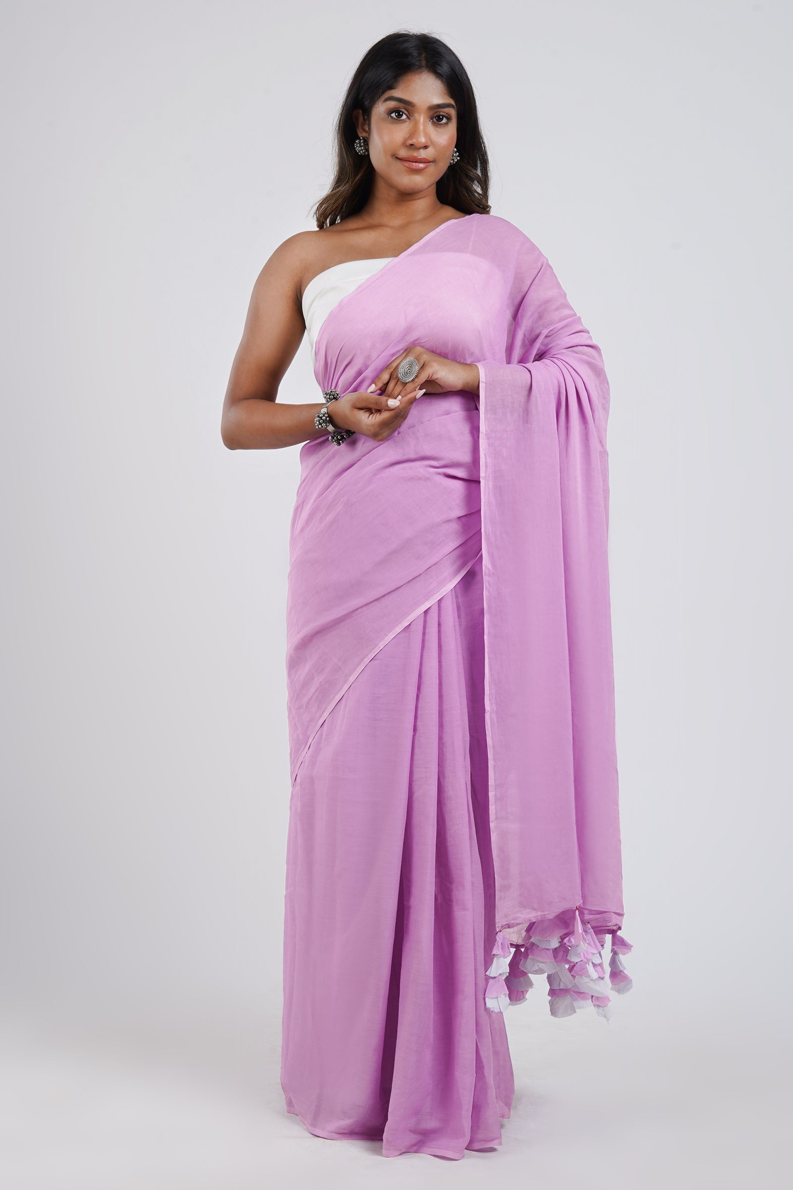Teejh Peony Lilac and White Mulmul Saree