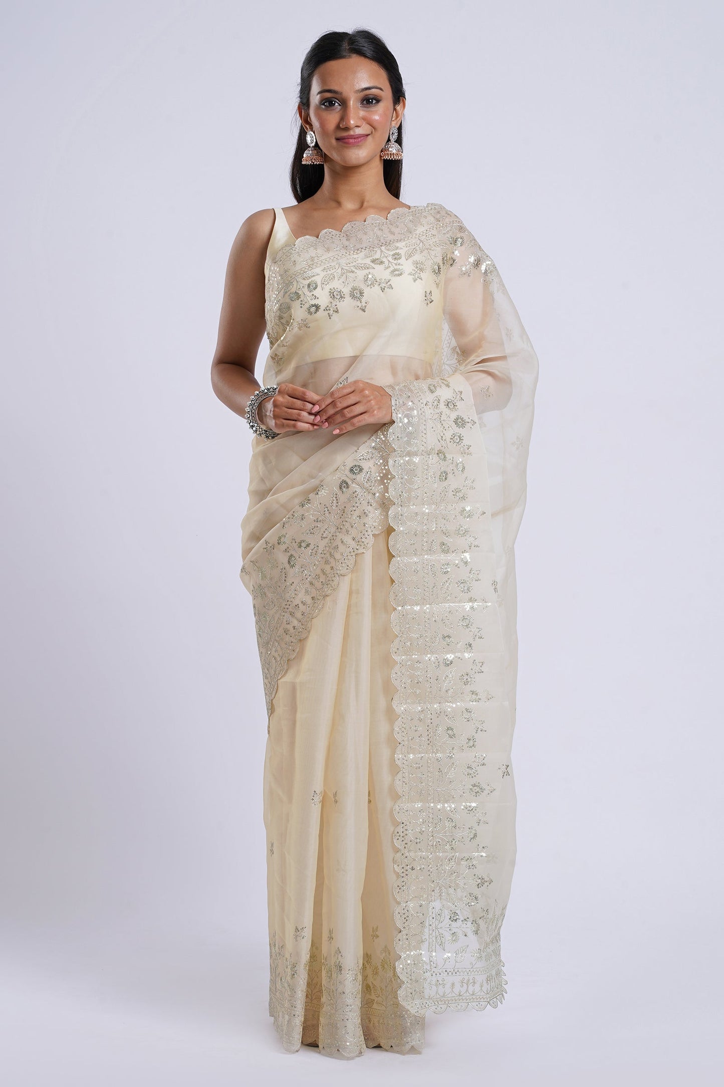 Teejh Aakruti Cream Sequin Embroidery Organza Saree