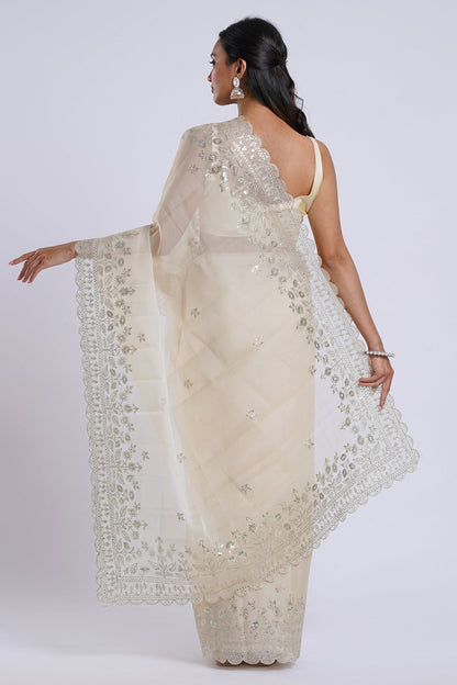 Teejh Aakruti Cream Sequin Embroidery Organza Saree