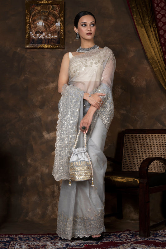 Teejh Adwetta Grey Sequin Embroidery Organza Saree