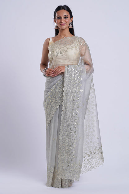 Teejh Adwetta Grey Sequin Embroidery Organza Saree