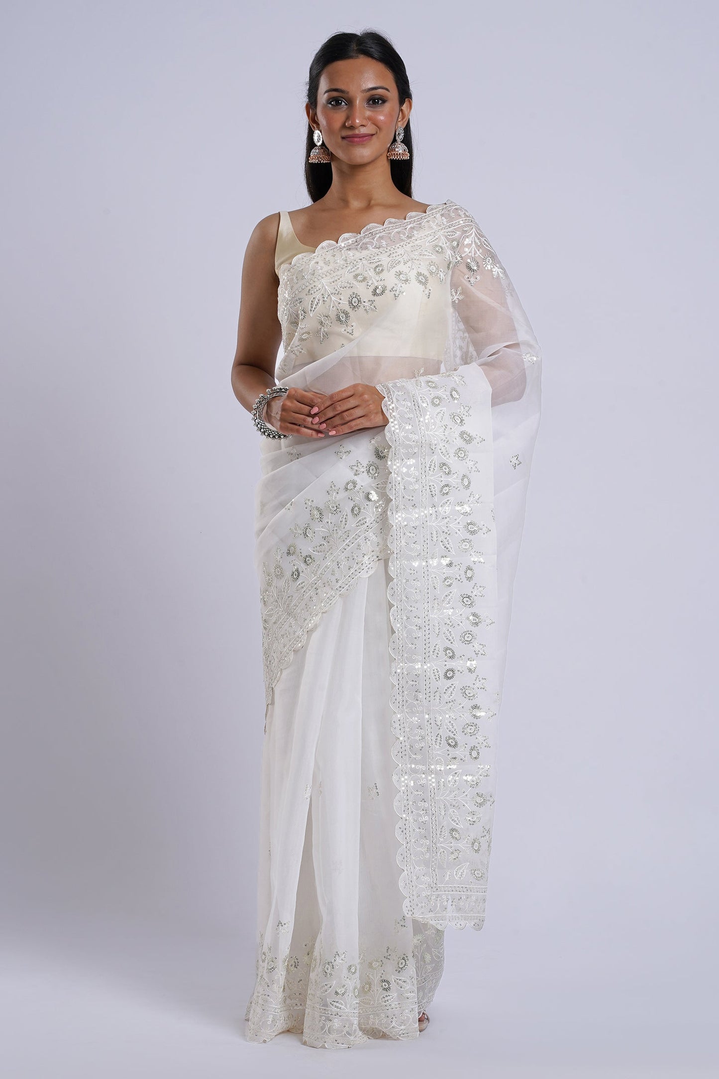 Teejh Bhrithi Off White Sequin Embroidery Organza Saree