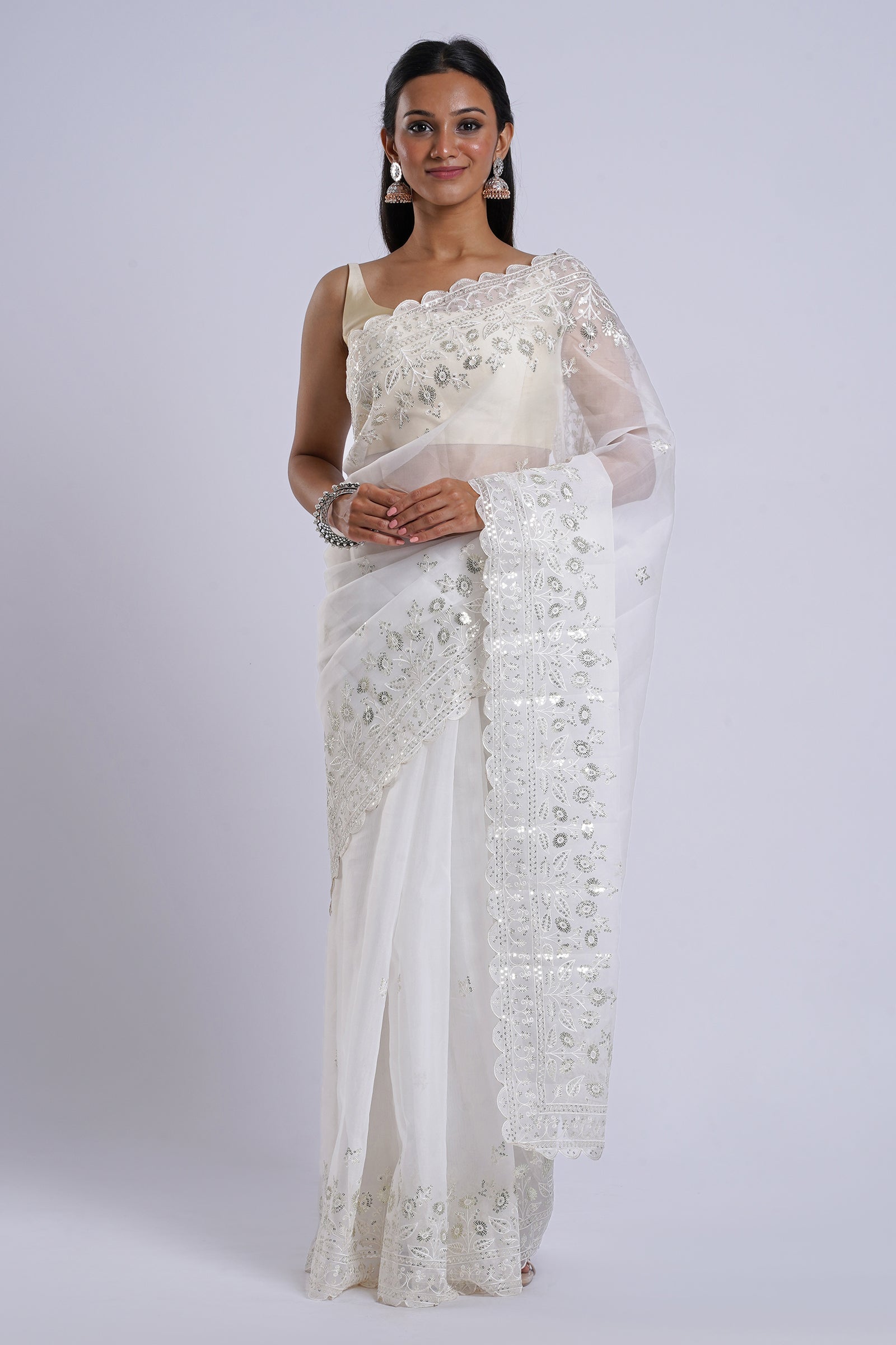 Teejh Bhrithi Off White Sequin Embroidery Organza Saree