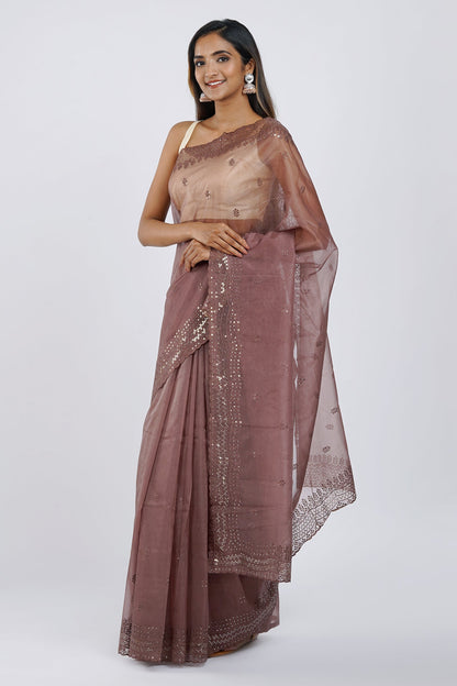 Teejh Chavvi Brown Sequin Embroidery Organza Saree