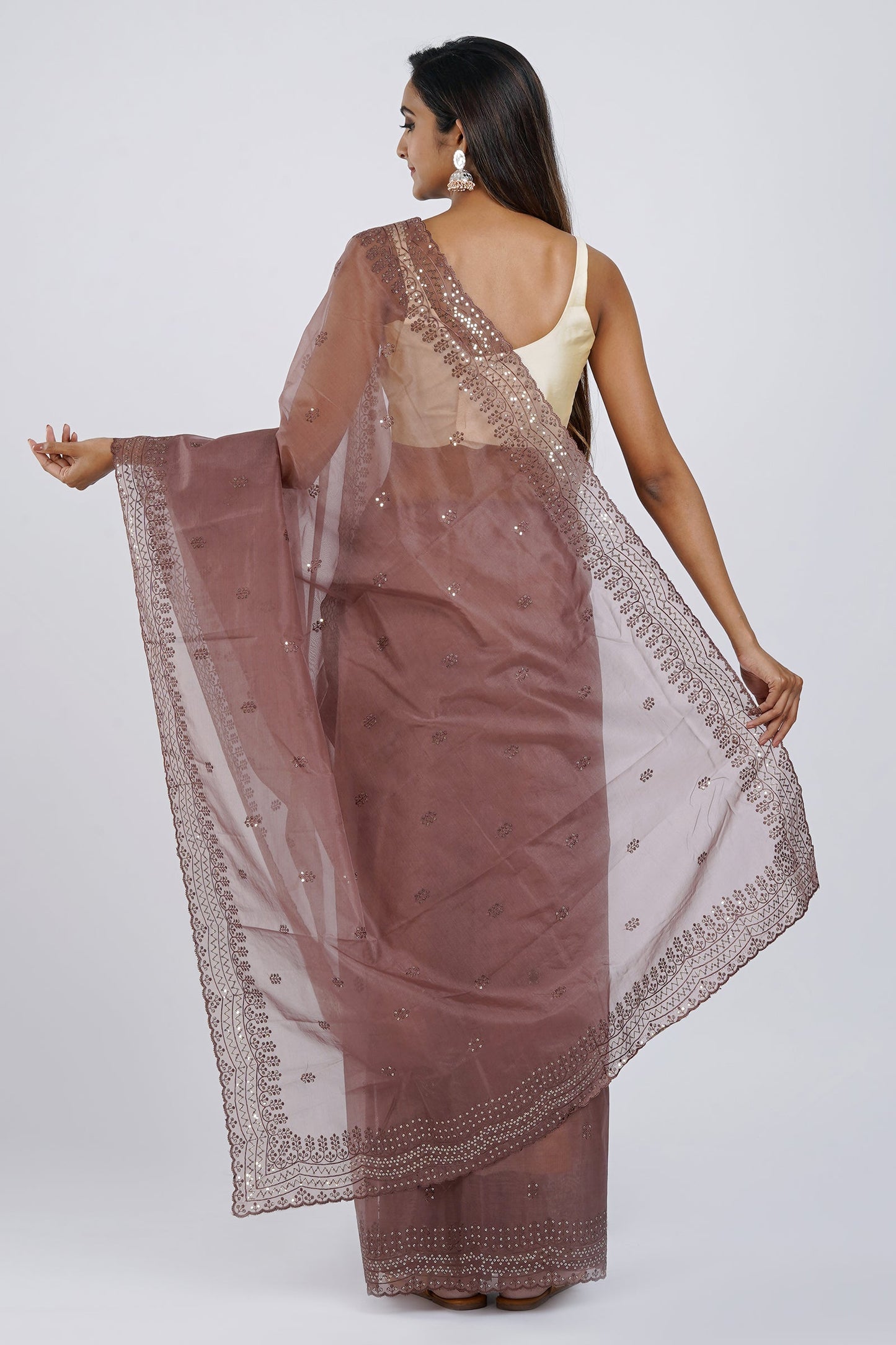 Teejh Chavvi Brown Sequin Embroidery Organza Saree
