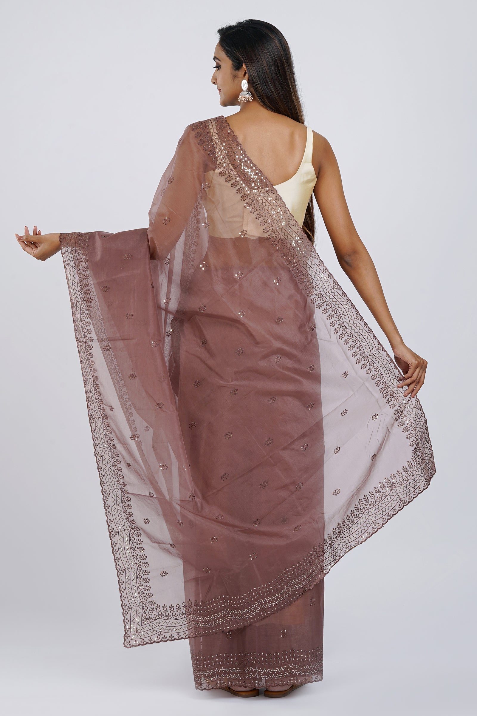 Teejh Chavvi Brown Sequin Embroidery Organza Saree
