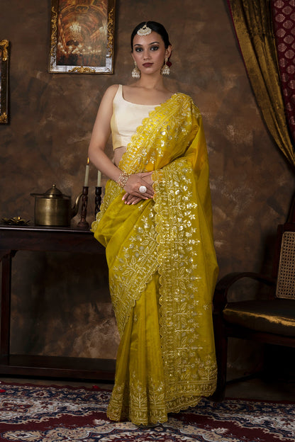 Teejh Adyti Olive Green Sequin Embroidery Organza Saree