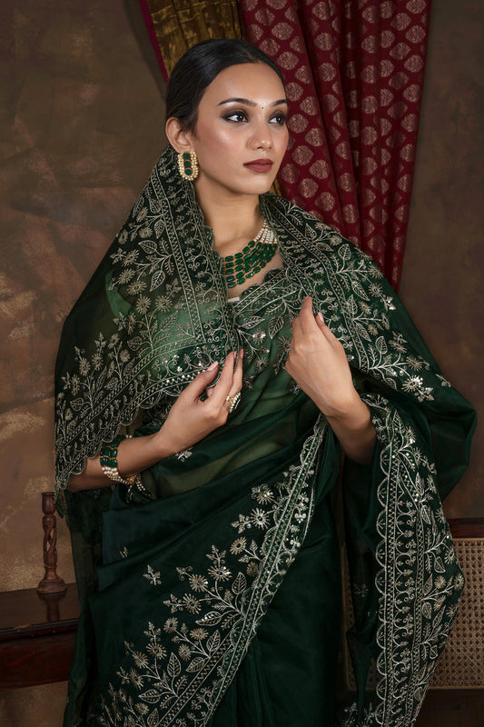 Teejh Irahi Forest Green Sequin Embroidery Organza Saree