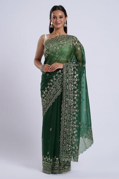 Teejh Irahi Forest Green Sequin Embroidery Organza Saree