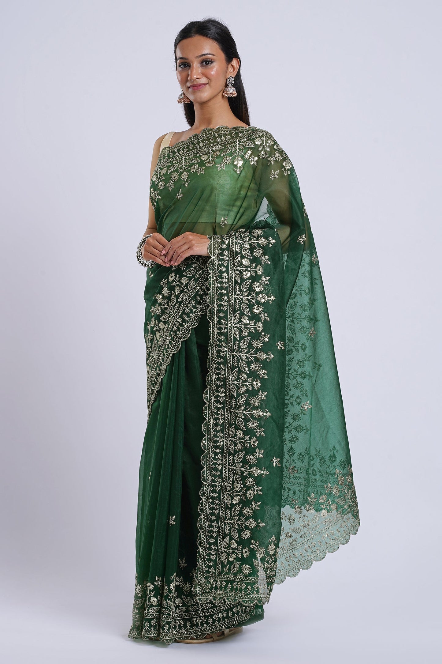 Teejh Irahi Forest Green Sequin Embroidery Organza Saree