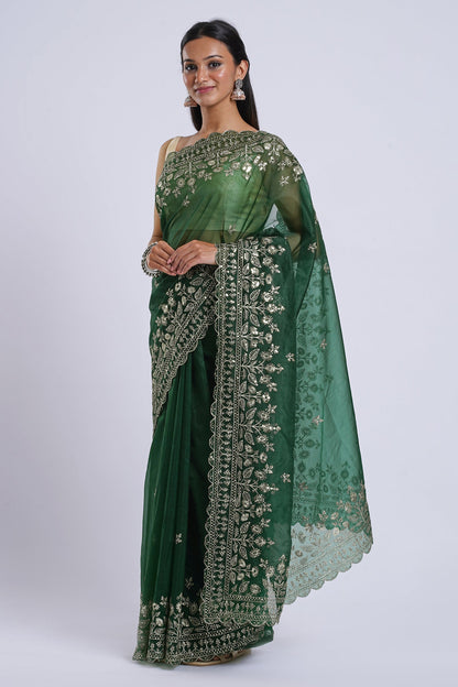 Teejh Irahi Forest Green Sequin Embroidery Organza Saree